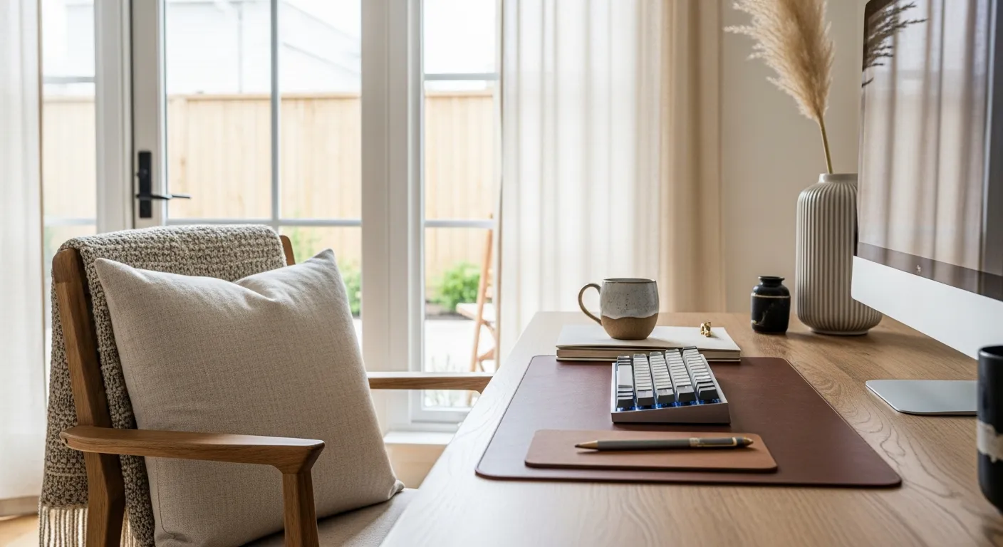 Natural lighting highlighting textured decor in Japandi Home Office ideas