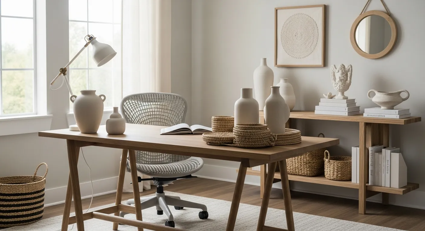 Monochromatic color palette for Japandi Home Office ideas with wood accents