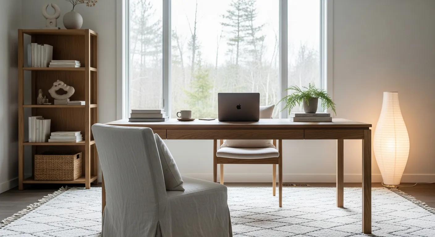 Final completed look of Japandi Home Office ideas with off-white walls