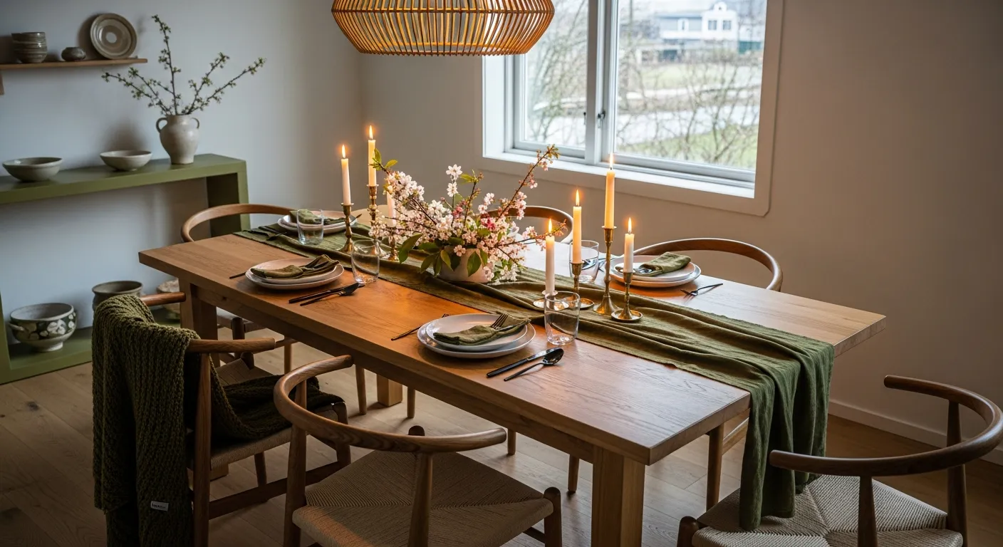 Sunlit Japandi dining room showcasing olive green paint ideas and natural wooden seating arrangements