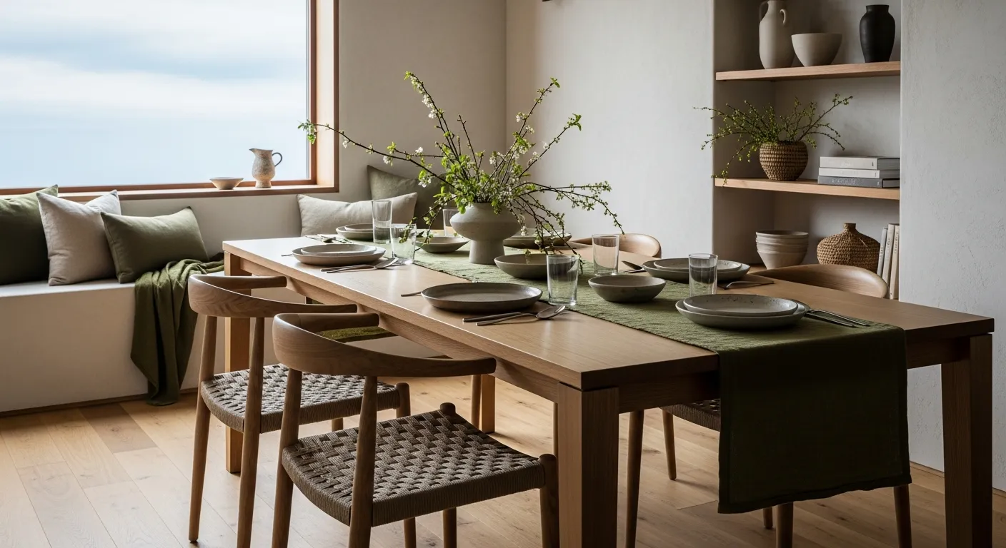Minimalist dining room with light wood furniture, organic shapes, and calming olive green wall color