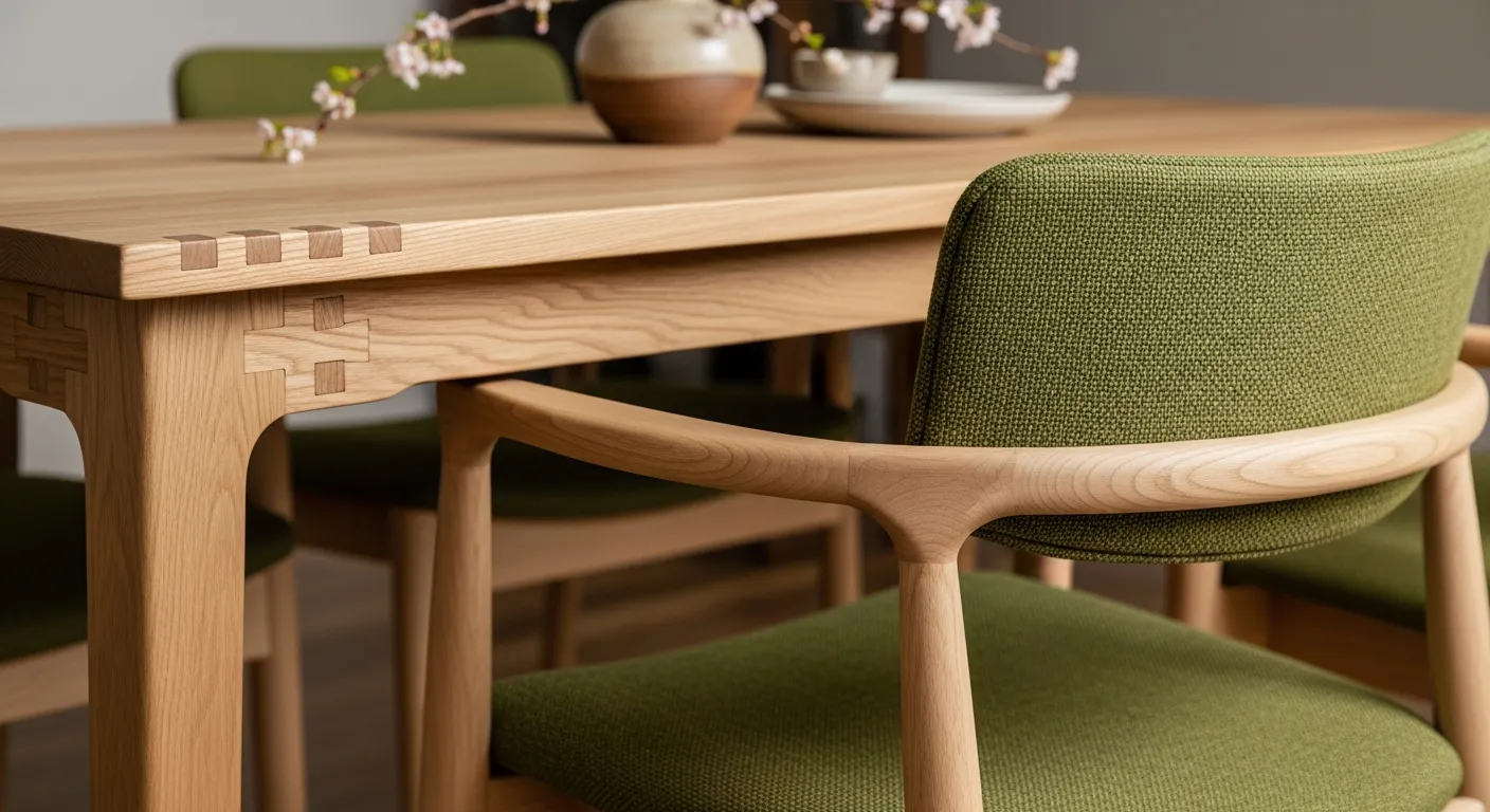Low profile oak dining table and chairs in an olive green Japandi dining room setup