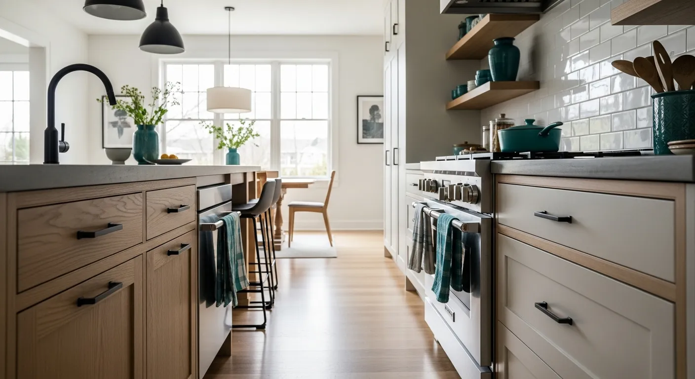 Step by step guide to Japandi kitchen ideas with muted teal cabinetry