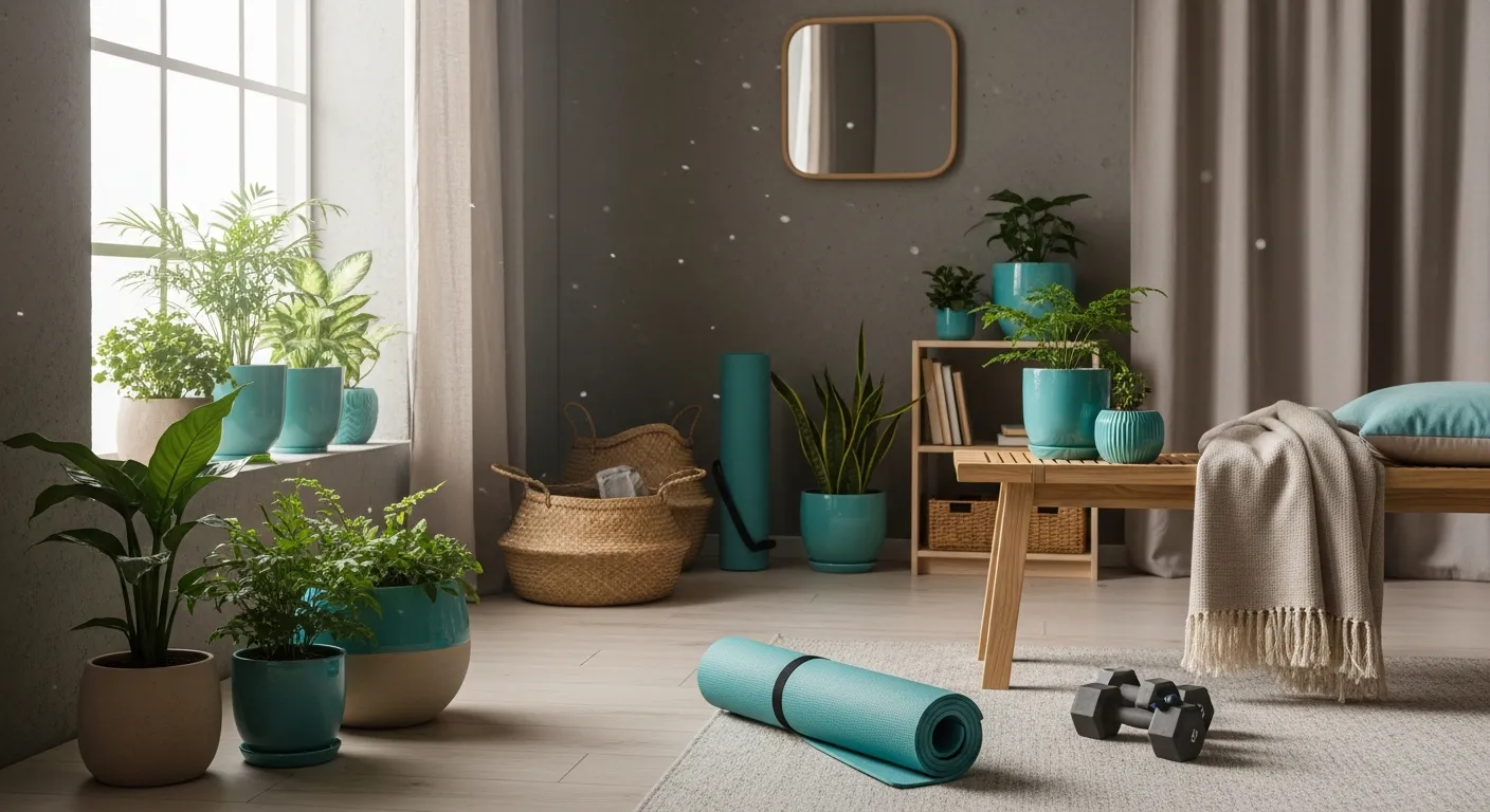 Styling a turquoise Japandi home gym with minimalist wooden textures and plants