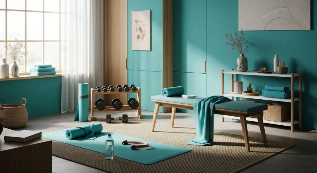 Minimalist Japandi home gym featuring natural wood equipment and a calming turquoise accent wall.