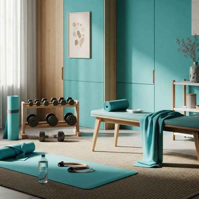 Minimalist Japandi home gym featuring natural wood equipment and a calming turquoise accent wall.