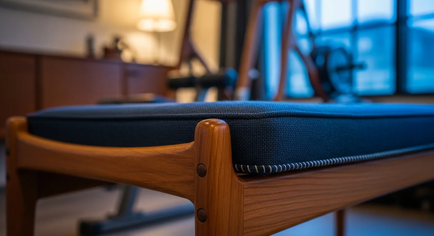 Mid-Century Modern Home Gym ideas featuring walnut equipment and brass lighting