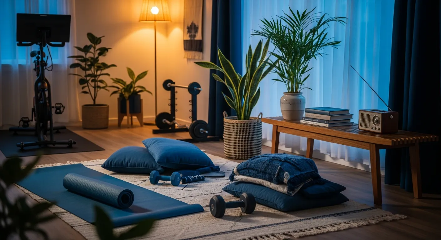 Styling Mid-Century Modern Home Gym ideas with mirrors and lighting