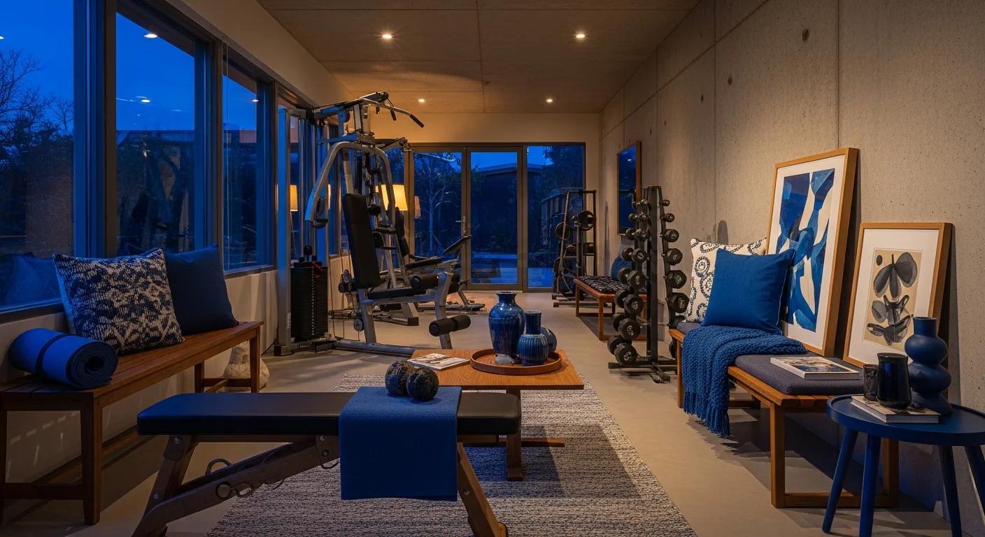 Color palette inspiration for Mid-Century Modern Home Gym ideas with indigo and walnut