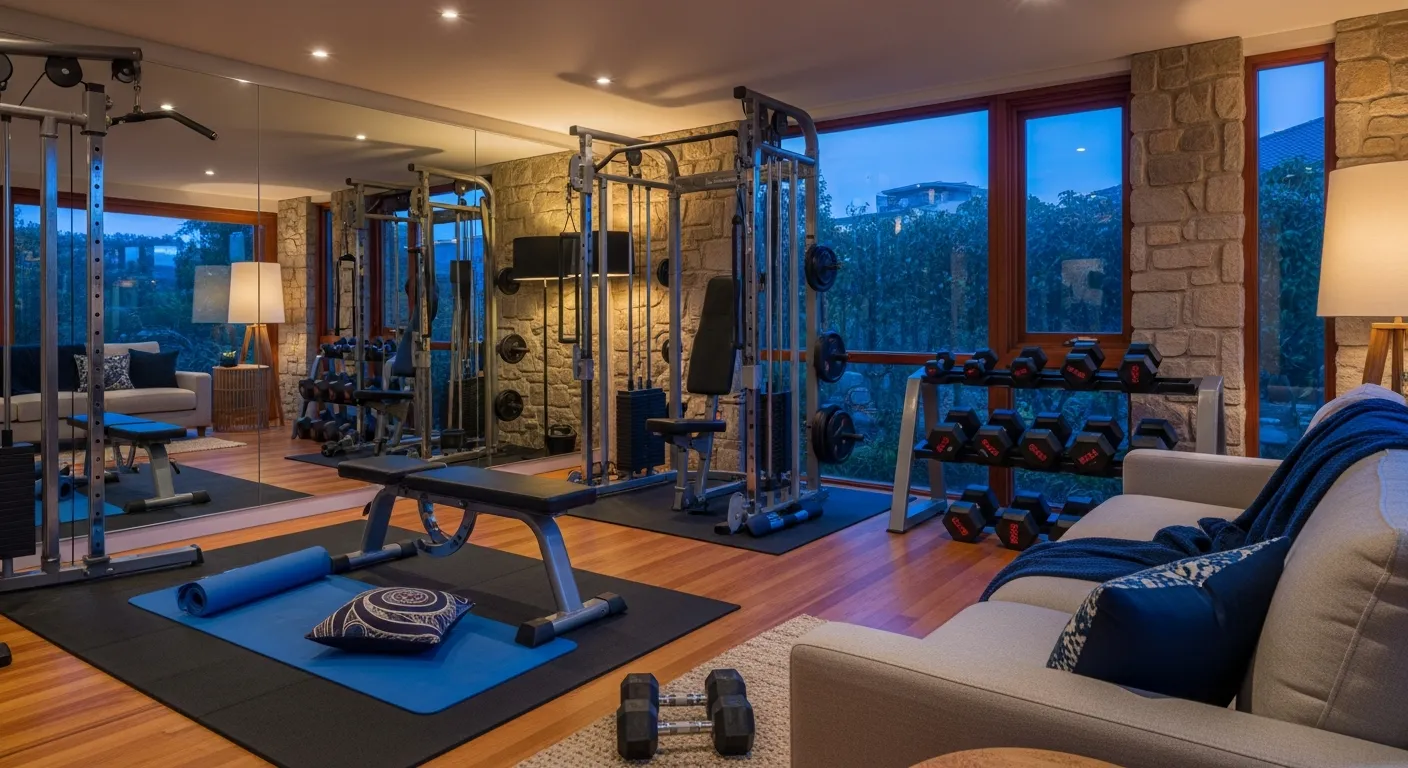 Finished look of Mid-Century Modern Home Gym ideas with indigo walls