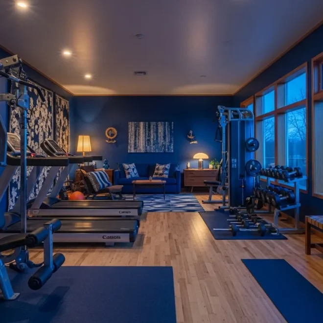 Mid-century modern home gym featuring indigo walls and sleek walnut workout equipment