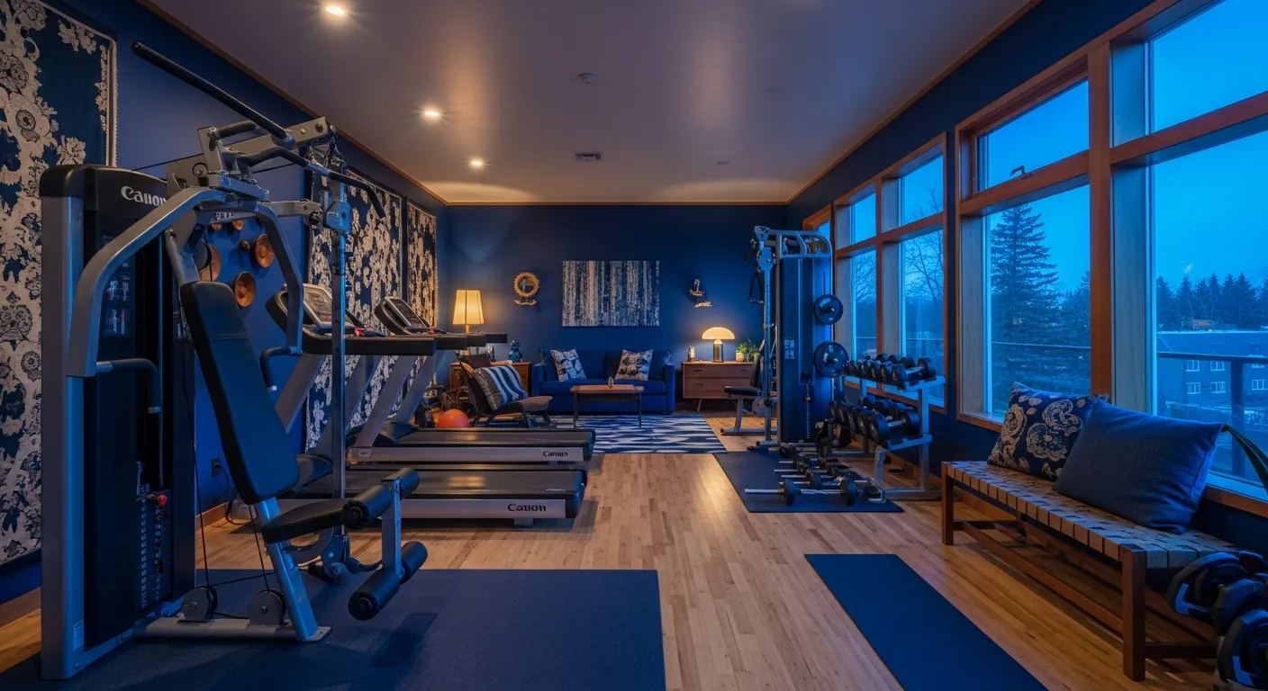 Psychology of color in Mid-Century Modern Home Gym ideas showing indigo walls