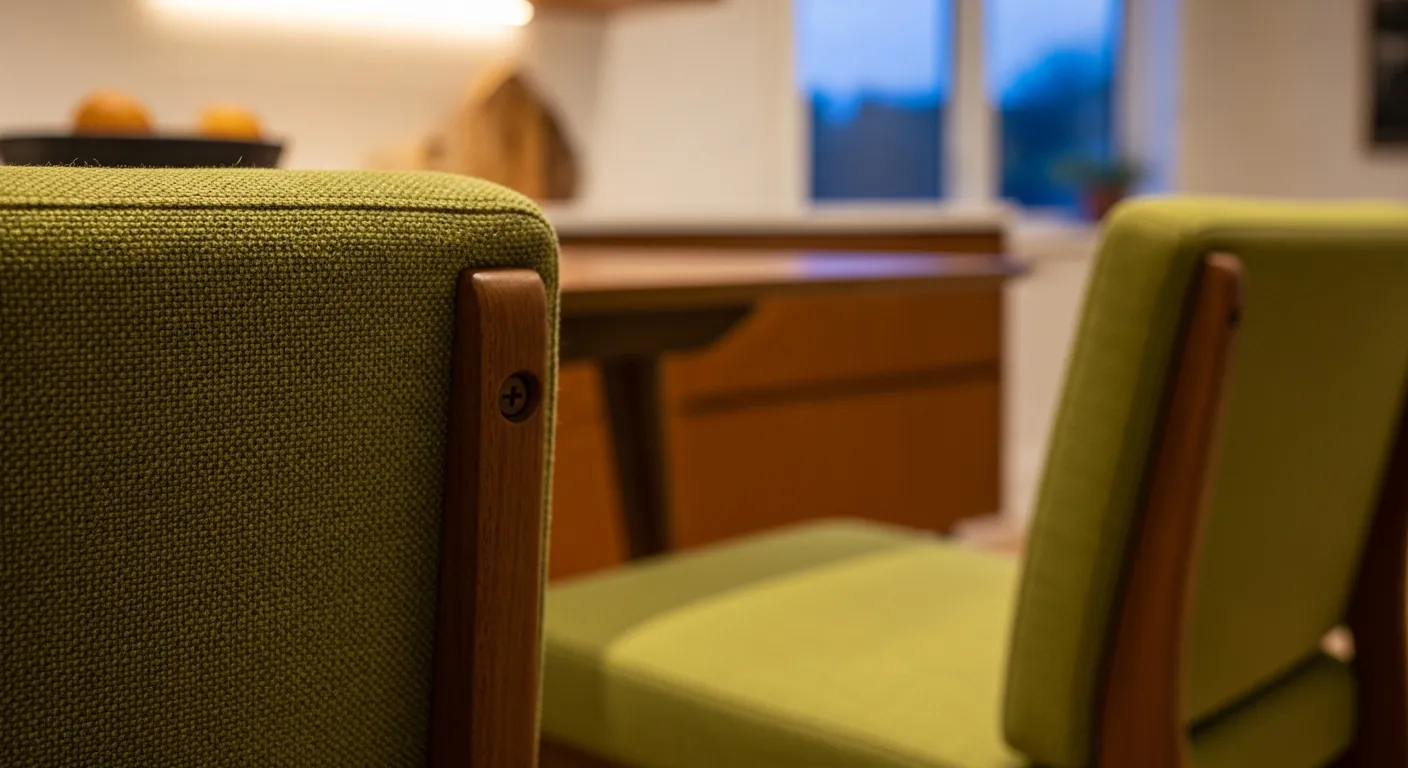 Flat-panel olive green cabinets paired with warm walnut wood accents and brass retro hardware