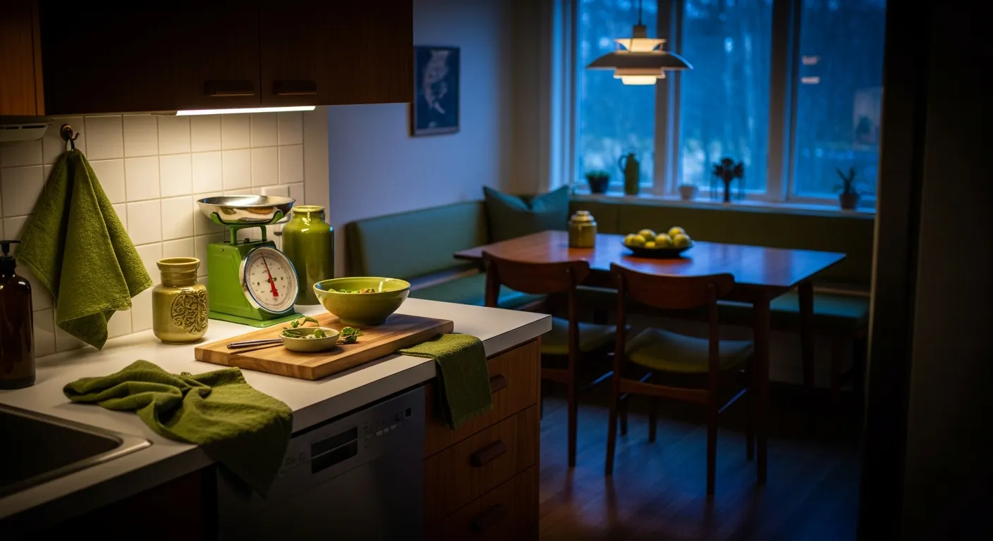 Harmonious color palette featuring olive green kitchen cabinets and natural warm wood details