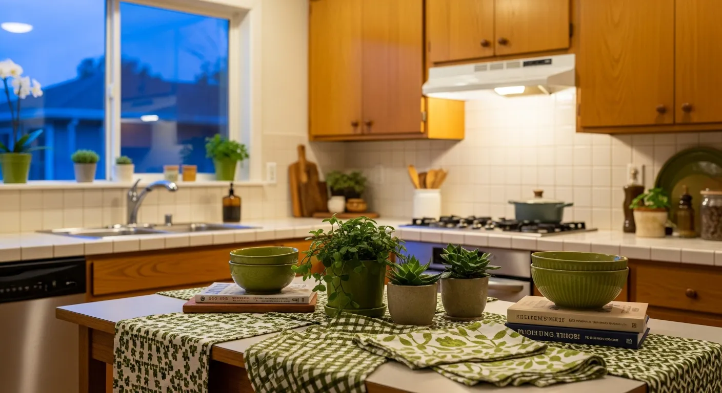 Styled mid-century modern kitchen with brass hardware, plants, and olive green cabinet fronts