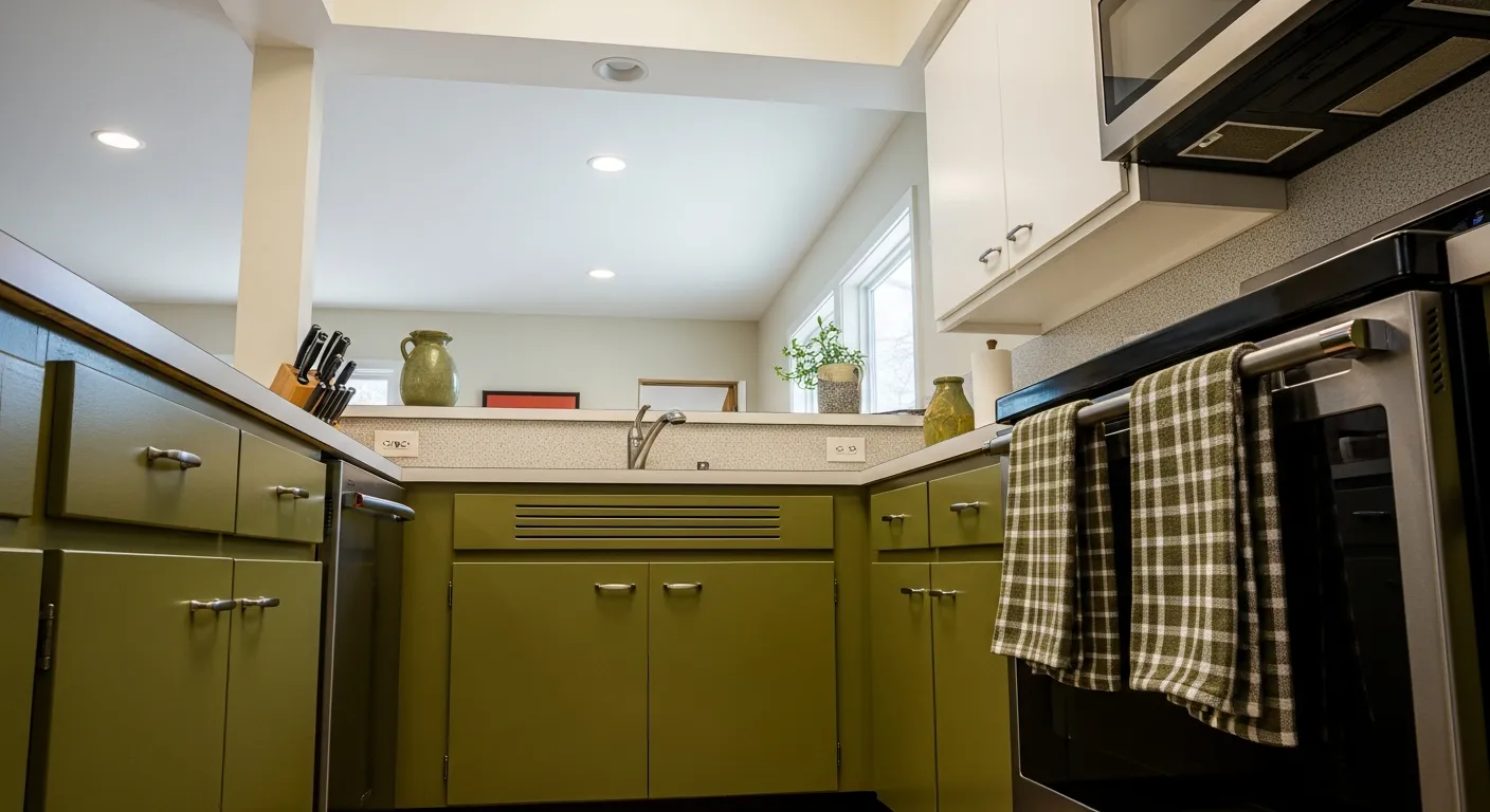 Step by step kitchen renovation showing olive green cabinets and sleek mid-century finishes