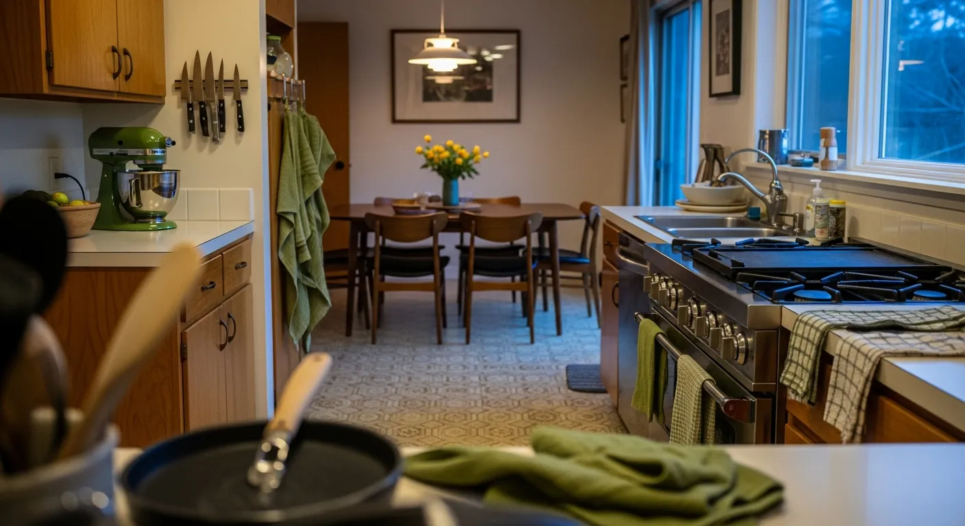 Budget-friendly mid-century kitchen updates featuring painted olive green cabinets and new hardware