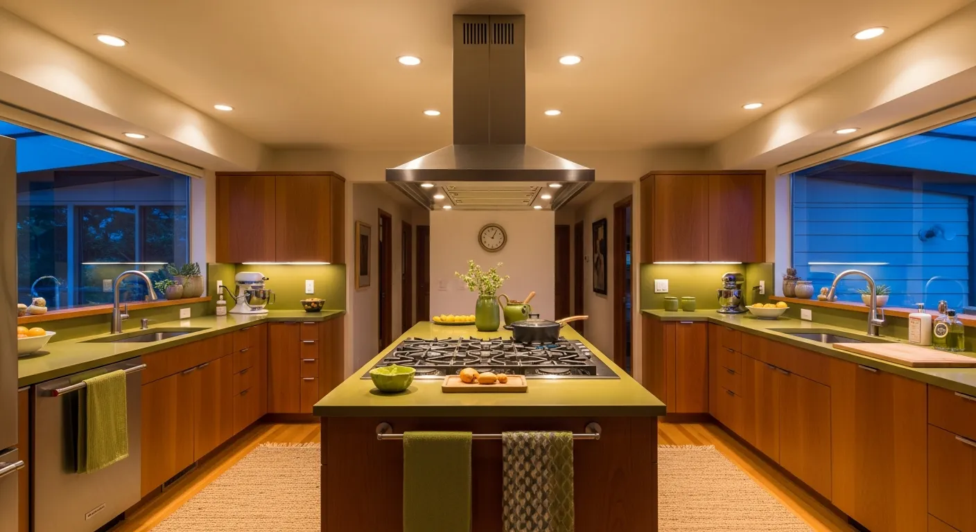 Olive green kitchen cabinetry and walnut wood perfectly styled for a modern retro aesthetic