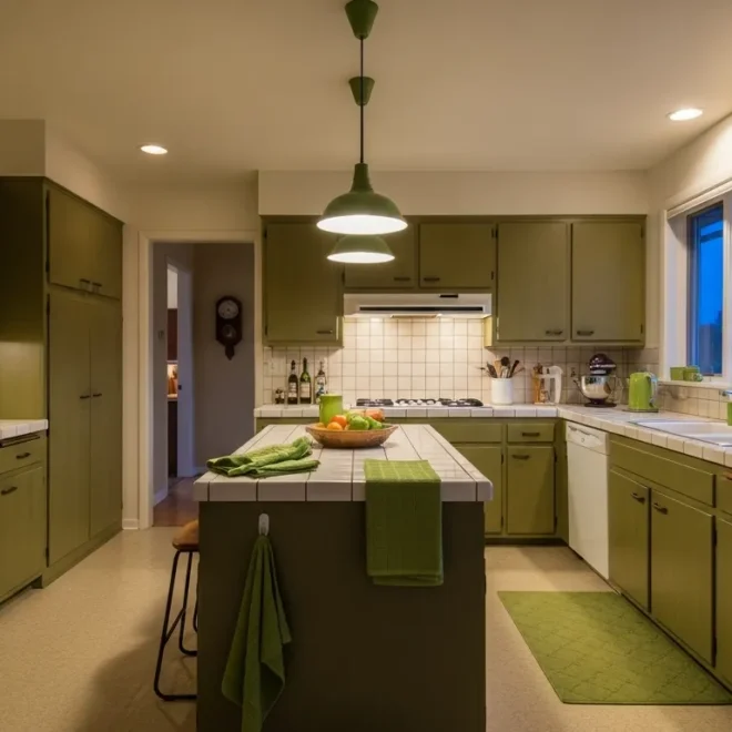 Mid-century modern kitchen featuring olive green cabinetry, warm walnut wood, and retro hardware.