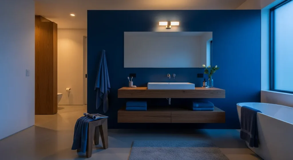 Sleek navy blue minimalist bathroom vanity with white marble countertops