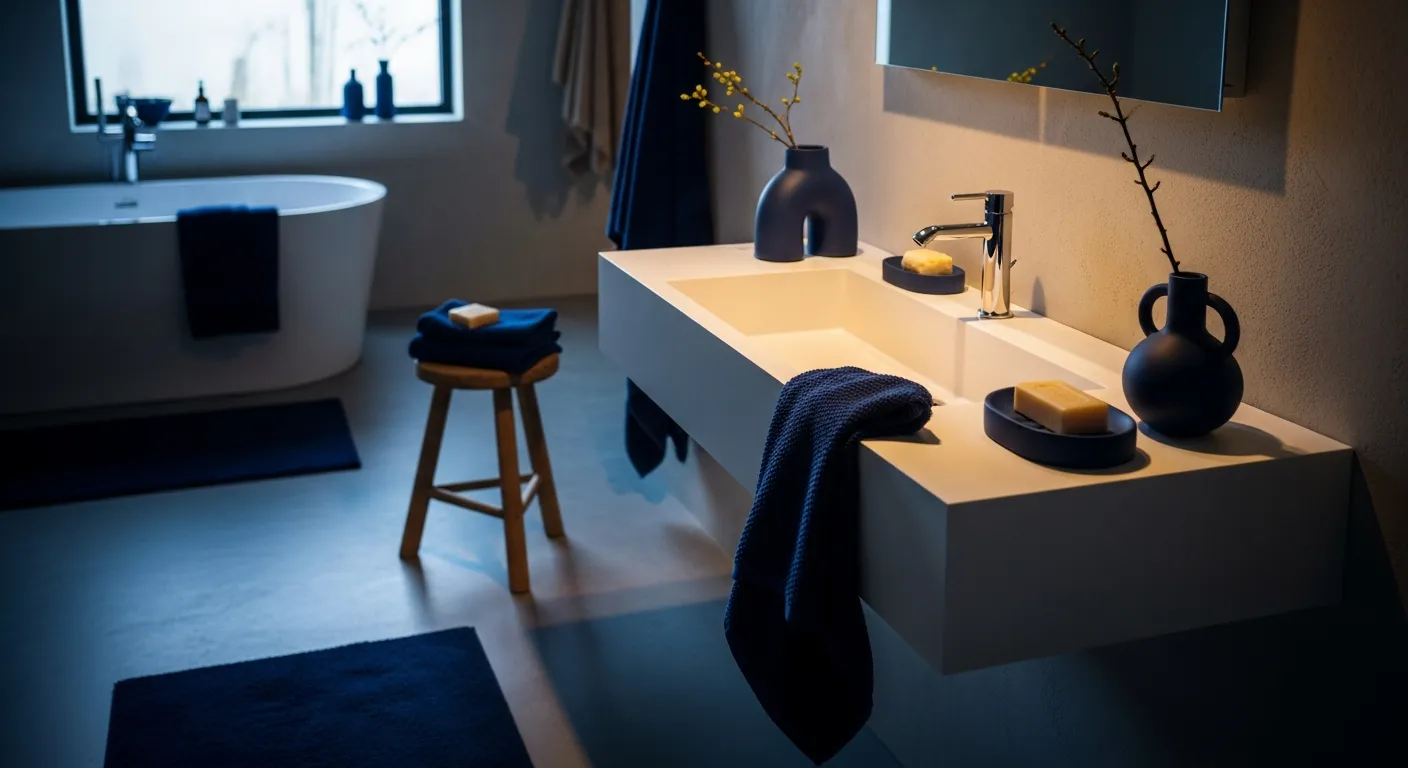 Bold minimalist bathroom ideas navy walls white vanity