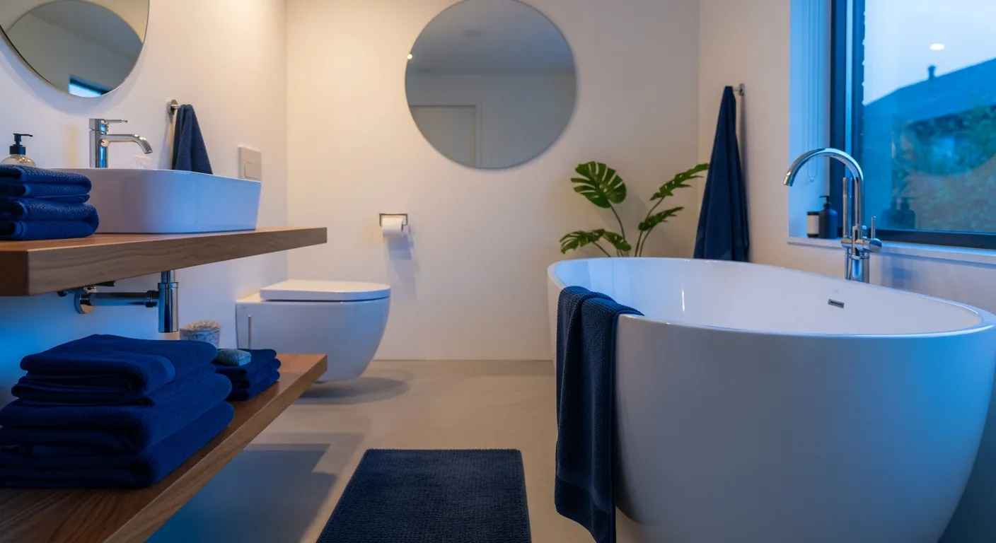 Luxury minimalist bathroom ideas navy vanity brass hardware