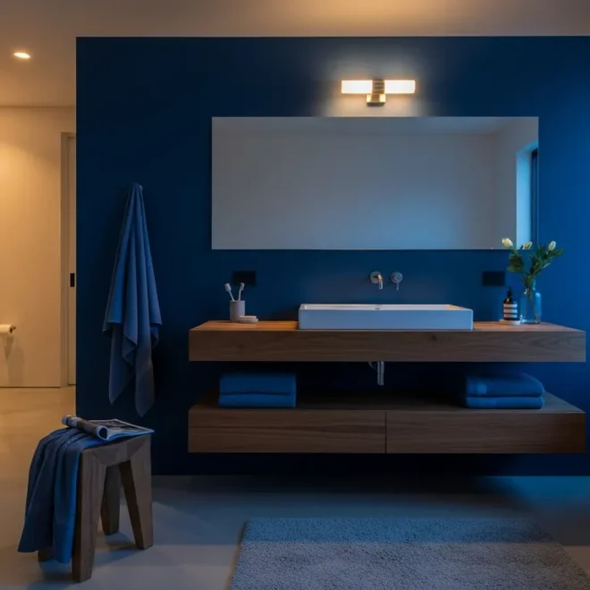Sleek navy blue minimalist bathroom vanity with white marble countertops