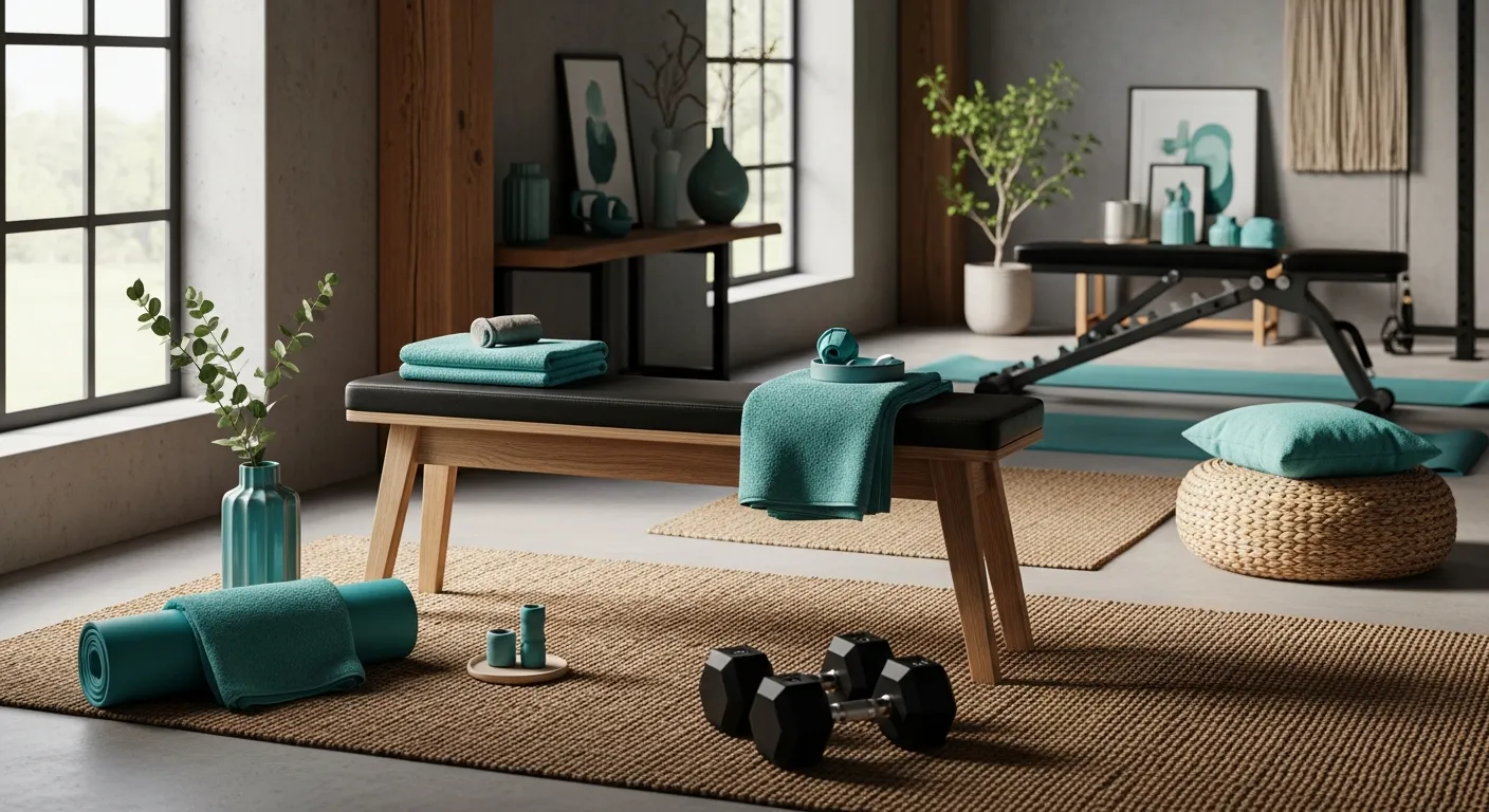 Color combinations for Japandi home gym ideas featuring turquoise and warm wood tones
