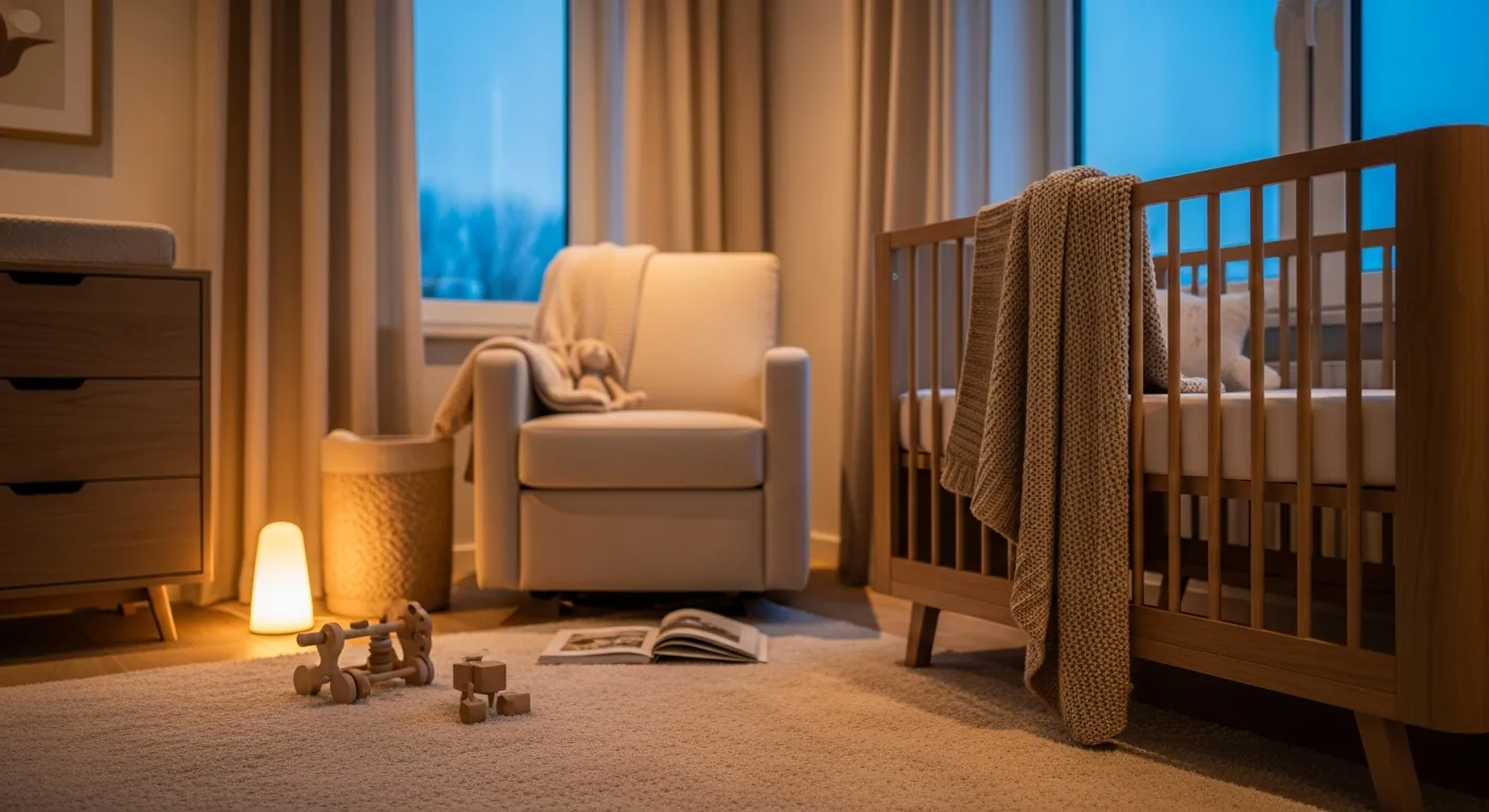 Warm lighting and cozy textures in a neutral modern kids room