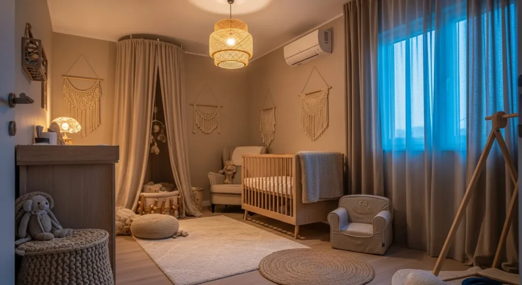 Modern beige nursery room featuring a sleek crib, soft textures, and warm neutral decor.