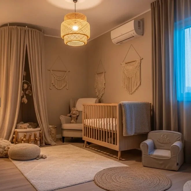 Modern beige nursery room featuring a sleek crib, soft textures, and warm neutral decor.