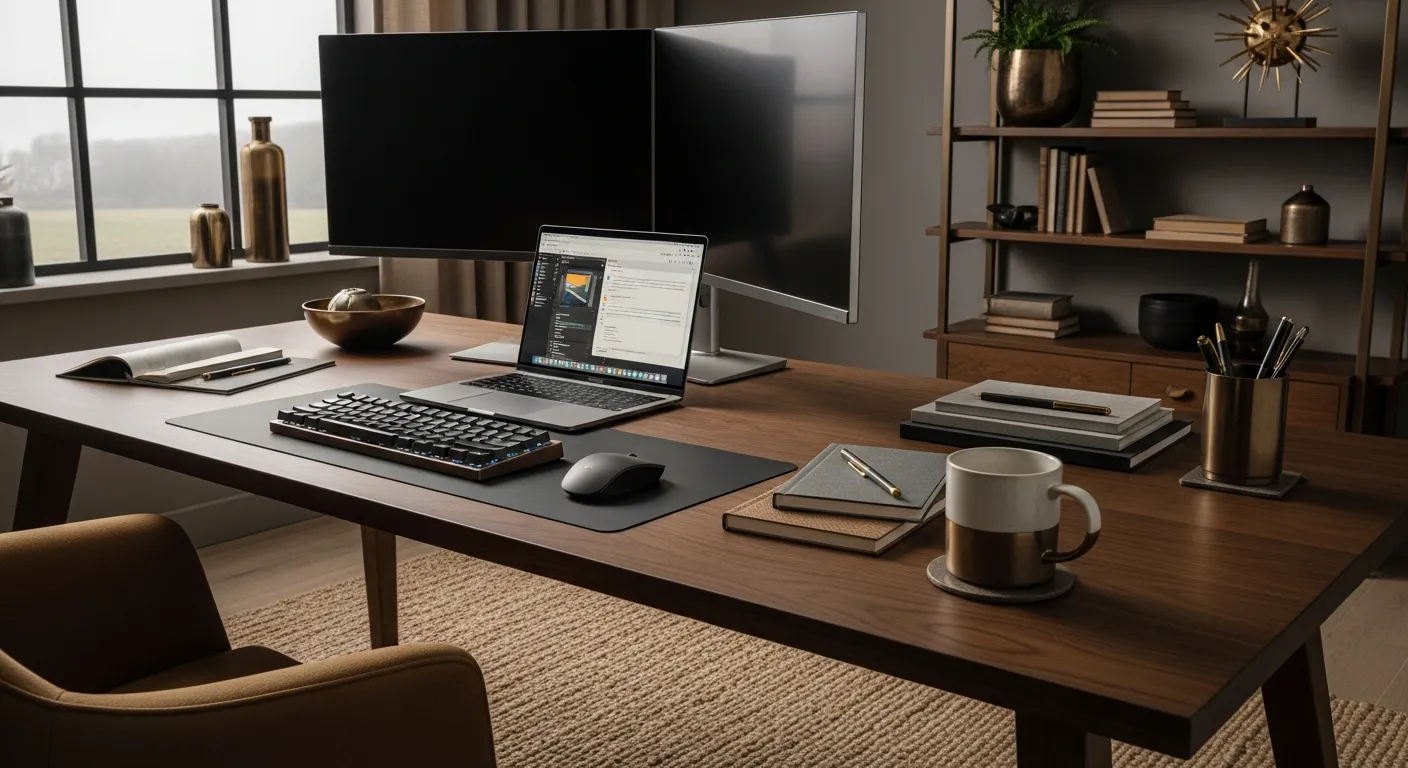 Sleek bronze metallic accents and minimalist desk setups for stylish Modern Home Office ideas