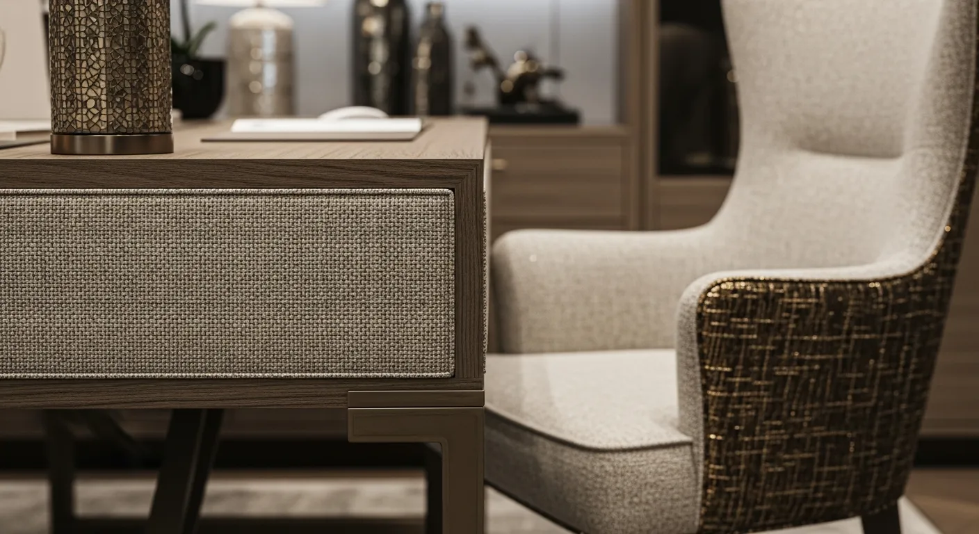 Essential furniture for Modern Home Office ideas including a sleek desk and warm bronze metallic accents