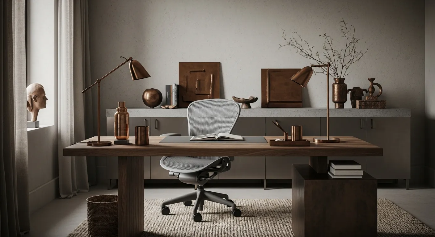 Warm color palette inspiration for Modern Home Office ideas with rich bronze finishes and natural light