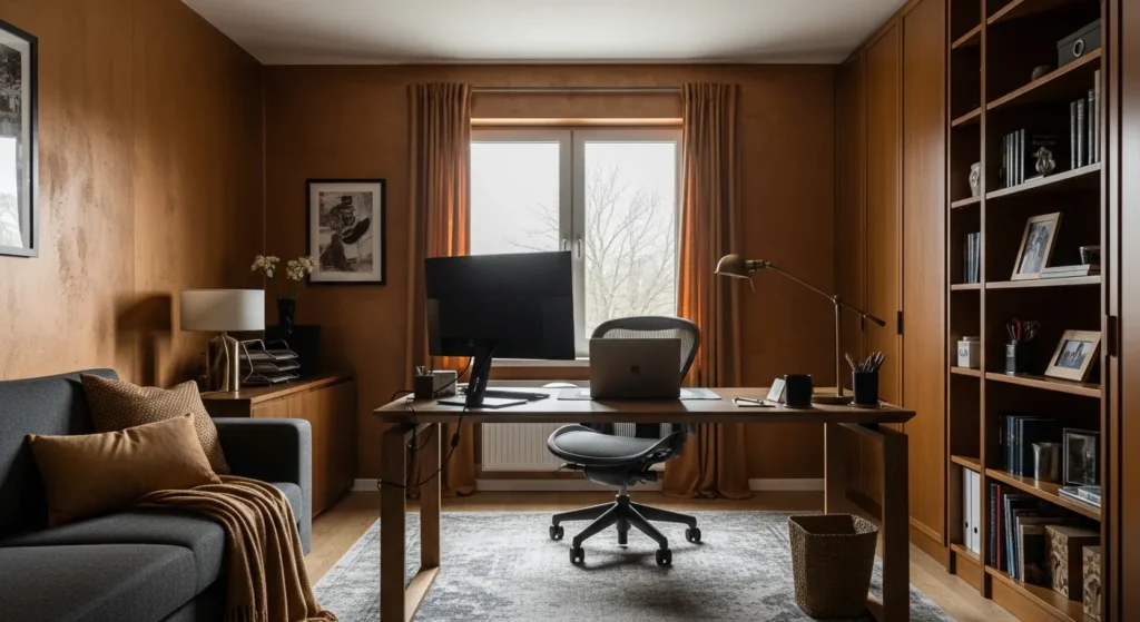 Modern home office featuring sleek bronze accents, a minimalist desk, and warm lighting.