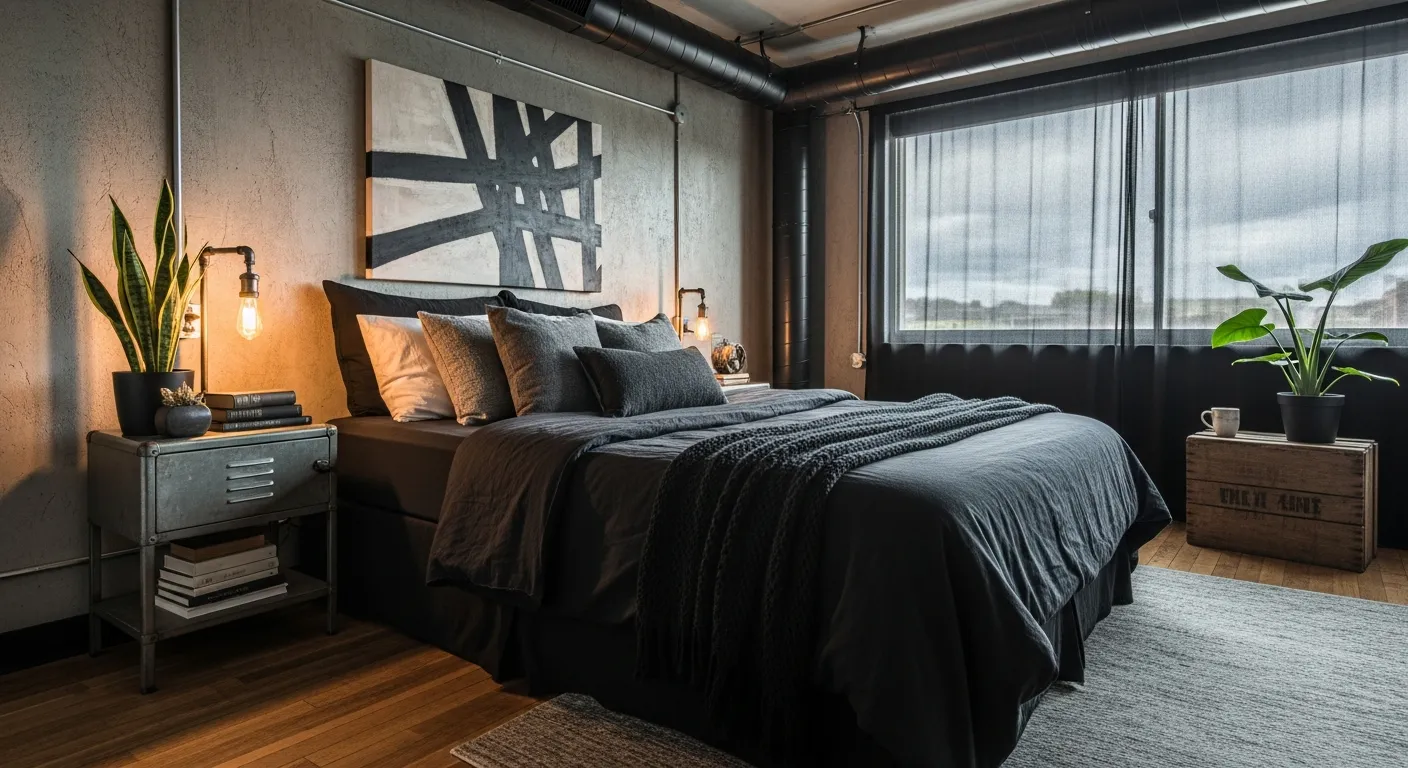 Styling tips for industrial bedroom ideas featuring raw wood nightstands, Edison bulb lamps, and dark linens.