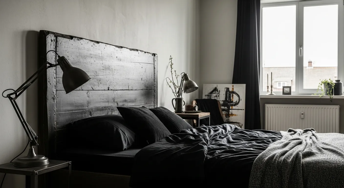 Budget-friendly industrial bedroom ideas highlighting black accent walls, thrifted decor, and minimalist metal shelves.