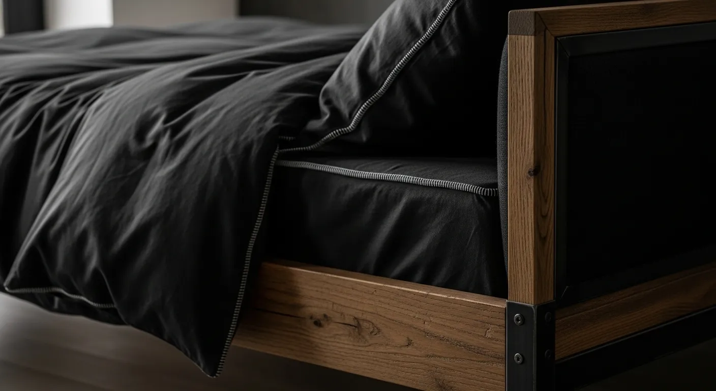 Modern industrial bed frame and vintage leather chair furniture setup