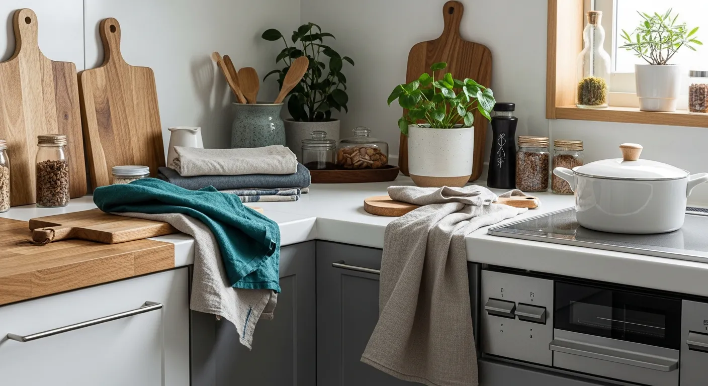 Styling Japandi kitchen ideas using matte teal cabinetry and natural light wood shelving