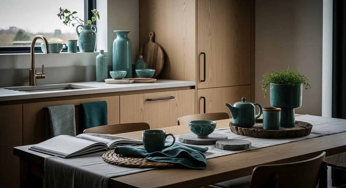 Color palette inspiration for Japandi kitchen ideas with matte teal cabinets and light wood