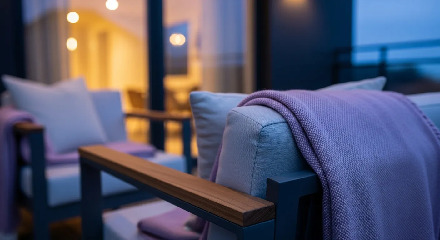 Sleek white furniture illustrating modern outdoor balcony ideas with lilac cushions