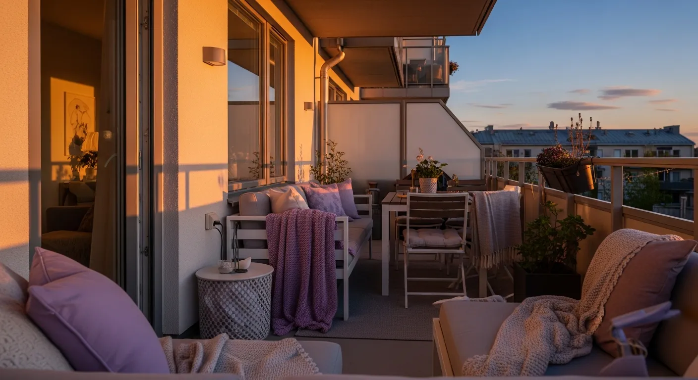 Modern outdoor balcony ideas executed with sleek furniture and soft lilac cushions