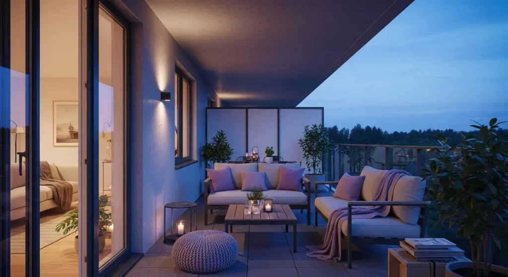 Modern balcony with lilac cushions, sleek furniture, and white railing