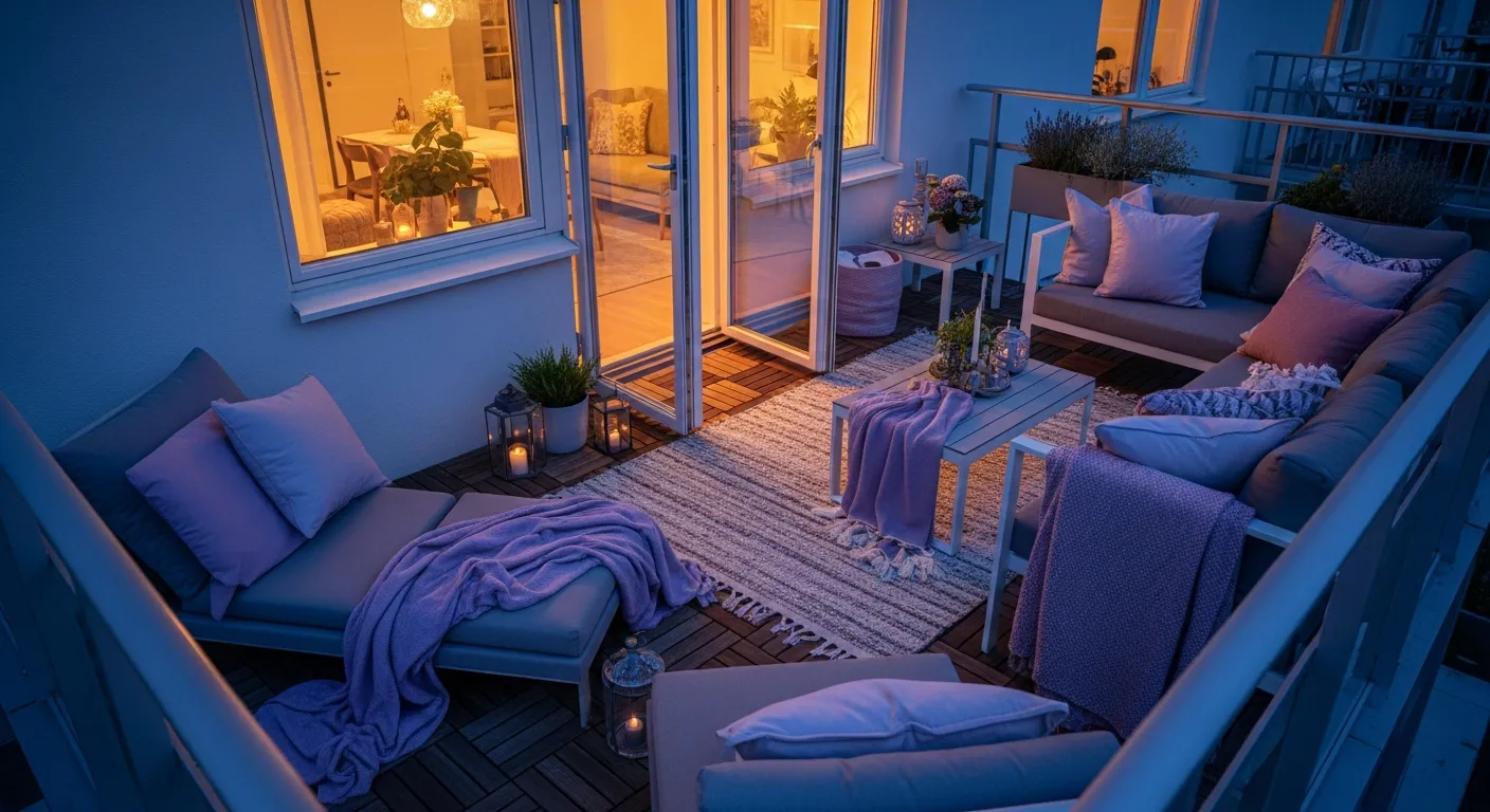 Small modern balcony design featuring sleek furniture and soft lilac textile accents