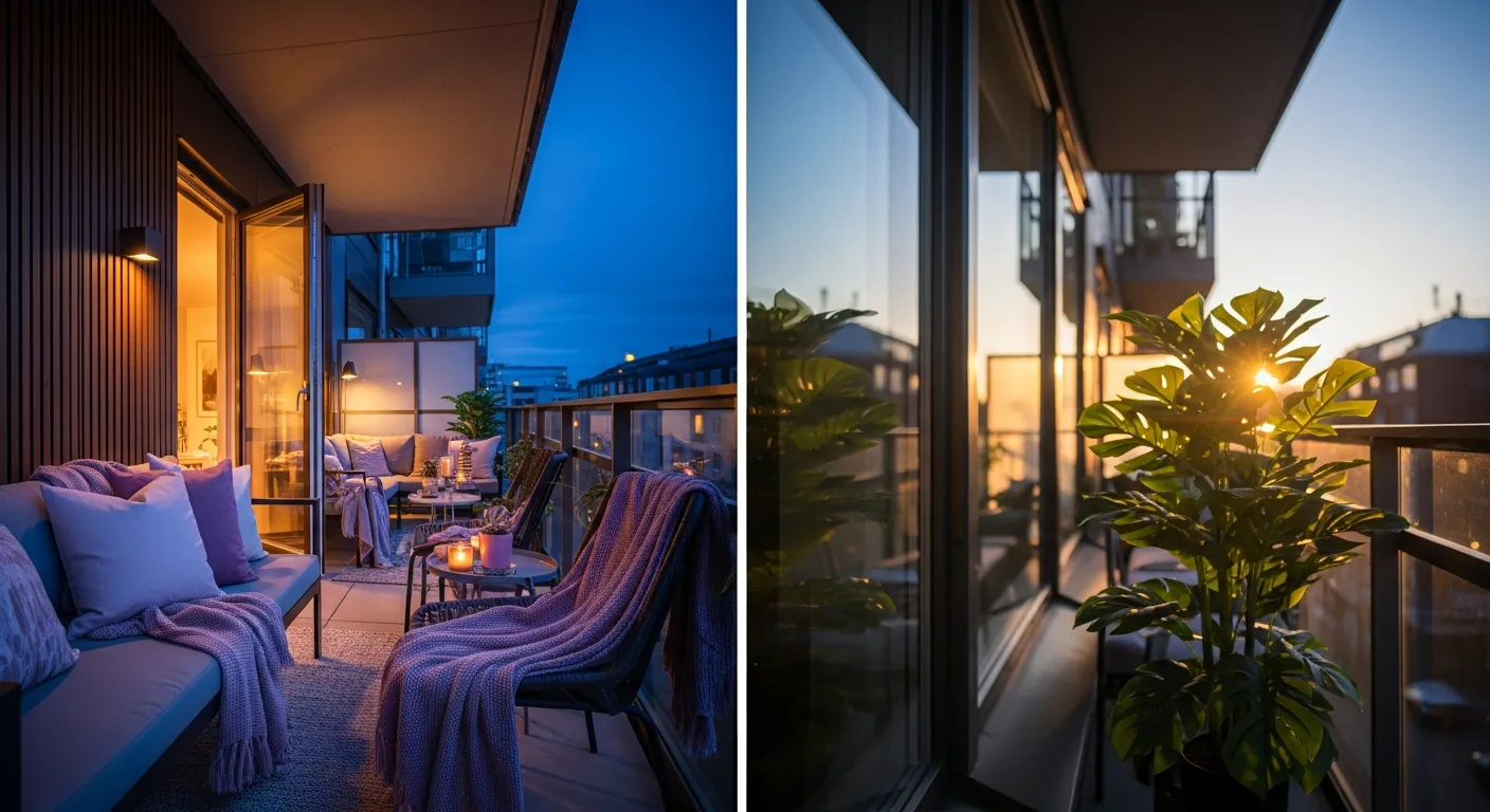 Wide shot of modern outdoor balcony ideas with greenery and lilac accents