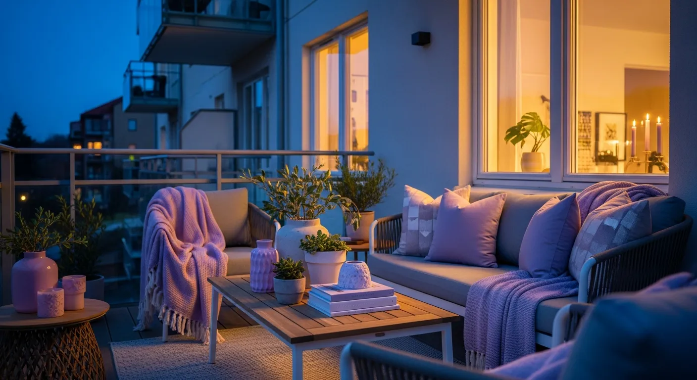 Small seating area showcasing colorful modern outdoor balcony ideas with lilac and white