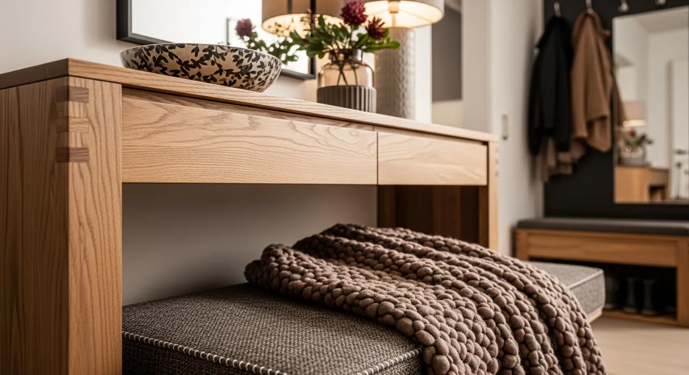 Sleek wood console table and warm lighting in a modern entryway