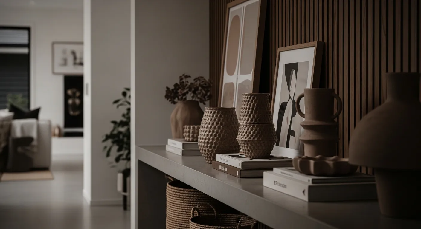 Modern mocha brown entryway with textured decor and a sleek console
