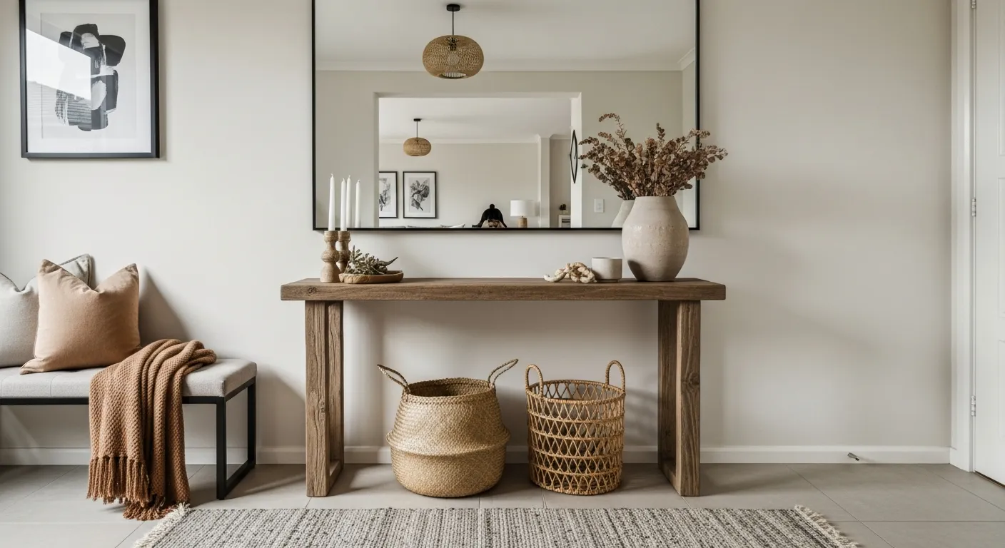 Minimalist console table with warm stylish decor for modern foyers