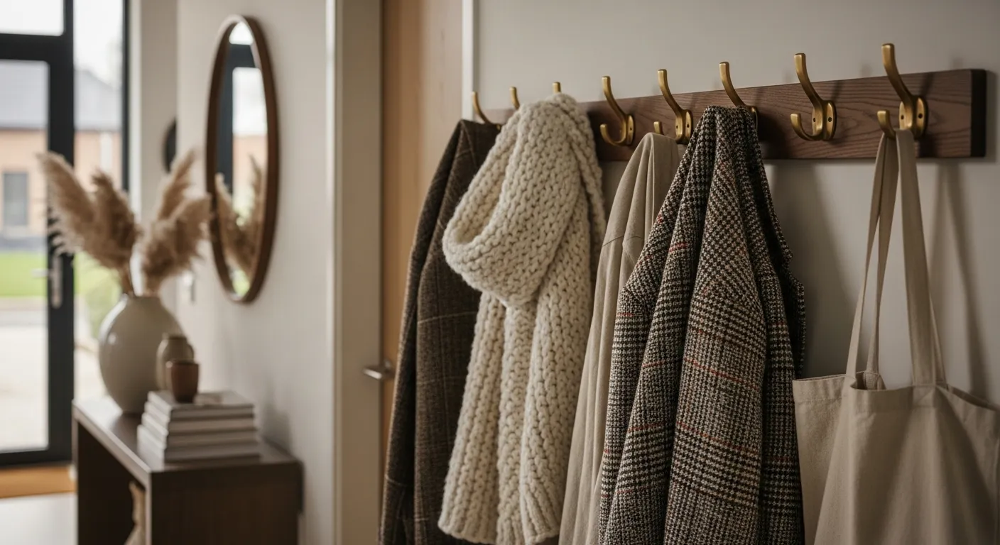 Wood console table paired with a large mirror in a modern mocha foyer